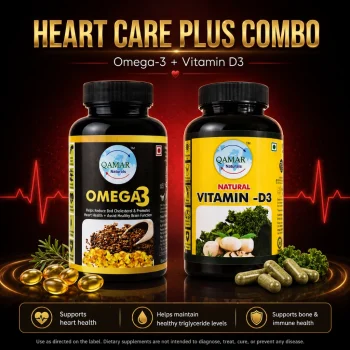QAMAR Naturals Heart Care Plus Combo with Omega 3 and Vitamin D3 bottles
