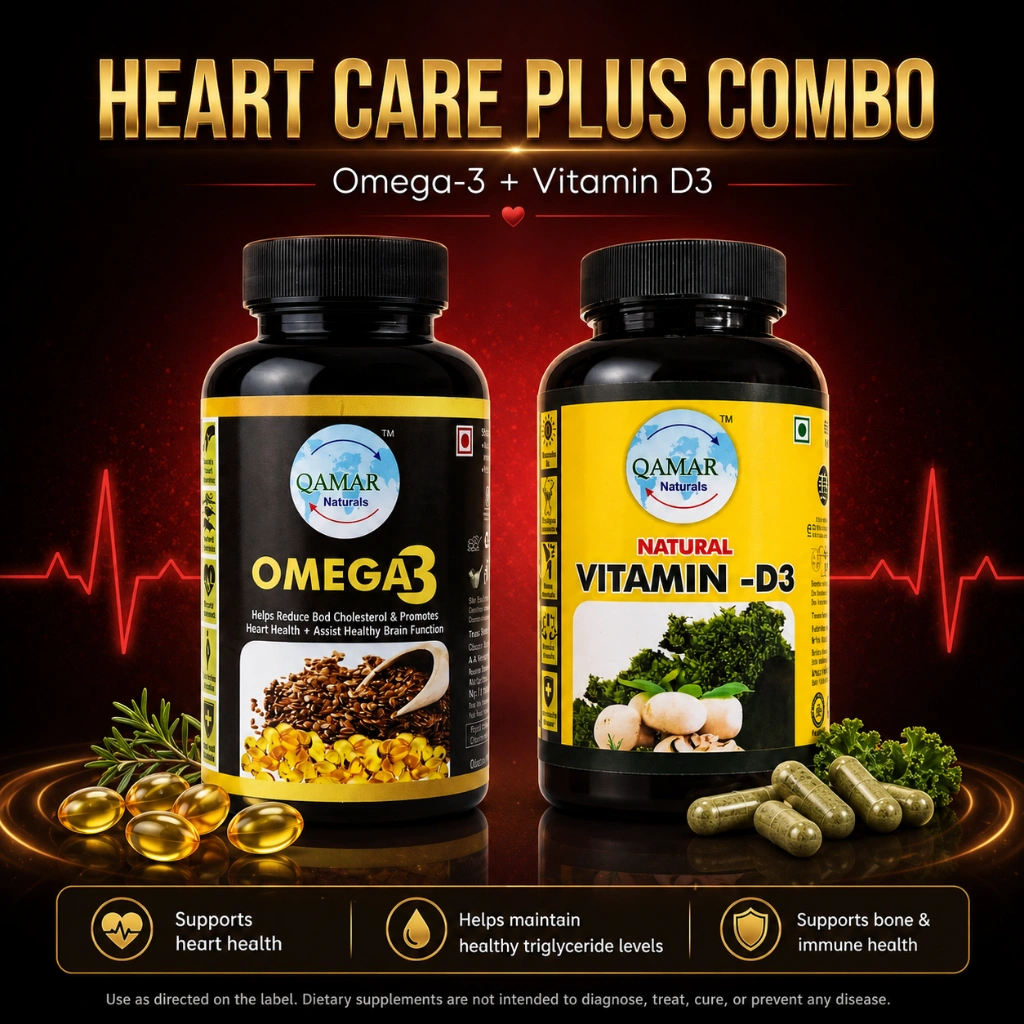 QAMAR Naturals Heart Care Plus Combo with Omega 3 and Vitamin D3 bottles