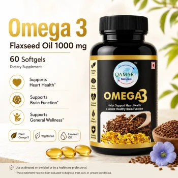 Qamar Naturals Flaxseed Oil Omega 3 Capsules 1000mg bottle with 60 softgel capsules for plant-based Omega-3 support.