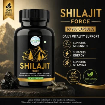 Qamar Naturals Shilajit Force veg capsules bottle with 60 capsules for daily energy, stamina and strength support.