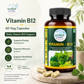 Qamar Naturals Vitamin B12 Methylcobalamin veg capsules bottle with 60 capsules for energy production and nervous system support.