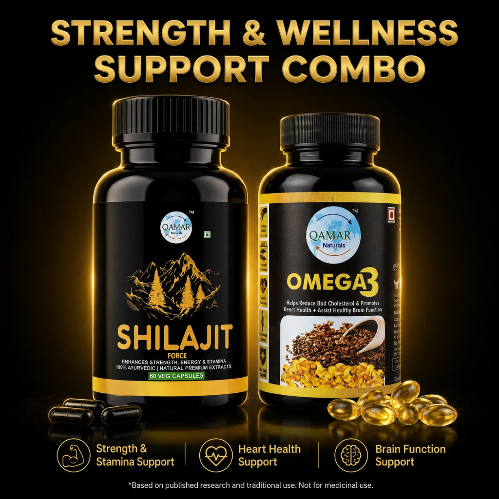 QAMAR Naturals Ultimate Stamina Pro Combo with Shilajit and Omega 3 capsules for energy and wellness support