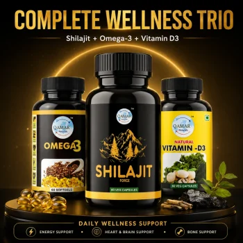QAMAR Naturals Smart Vitality Combo with Shilajit Vitamin B12 and Omega 3 bottles