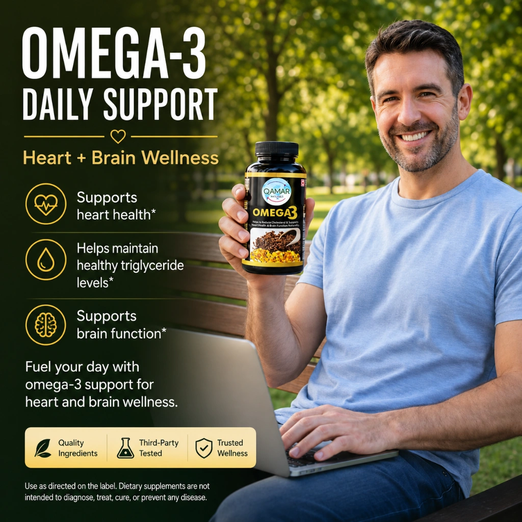 QAMAR Naturals Heart Care Plus Combo with Omega 3 and Vitamin D3 bottles