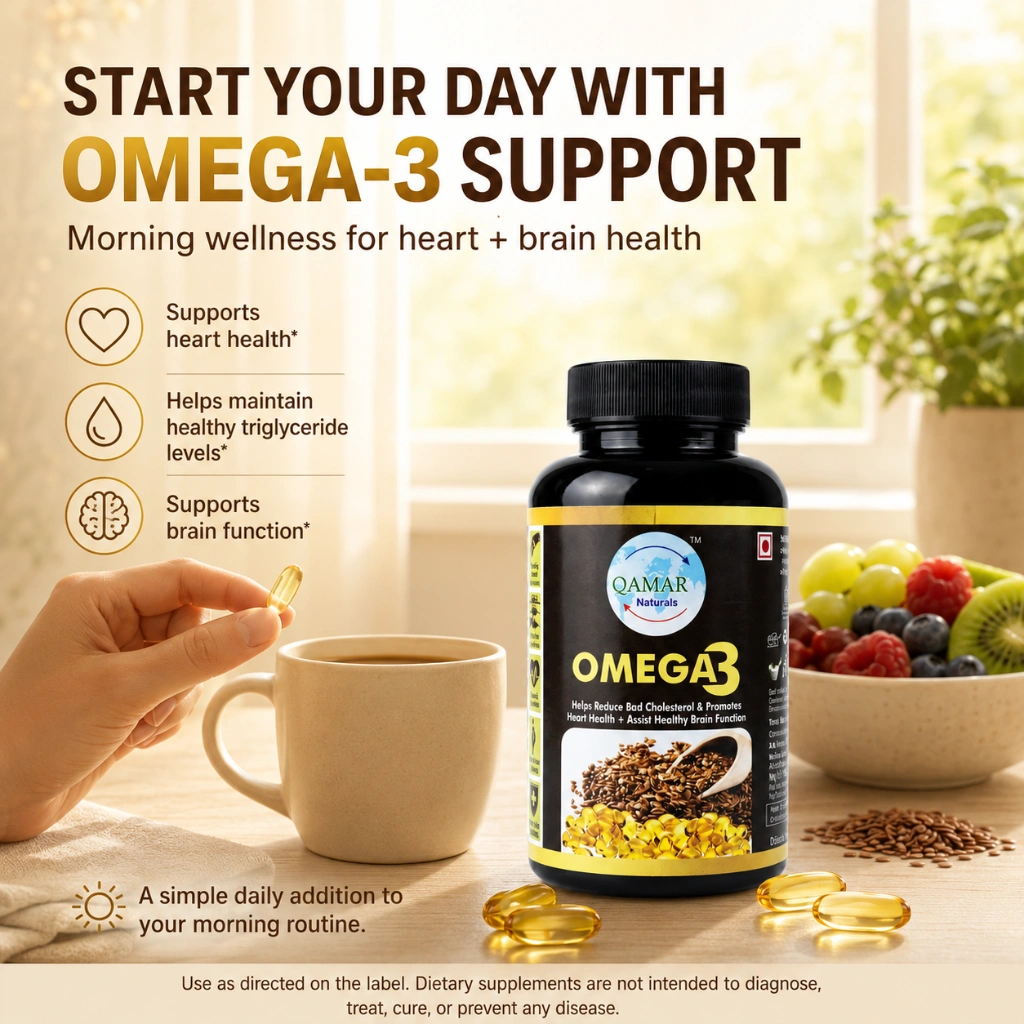QAMAR Naturals Heart Care Plus Combo with Omega 3 and Vitamin D3 bottles