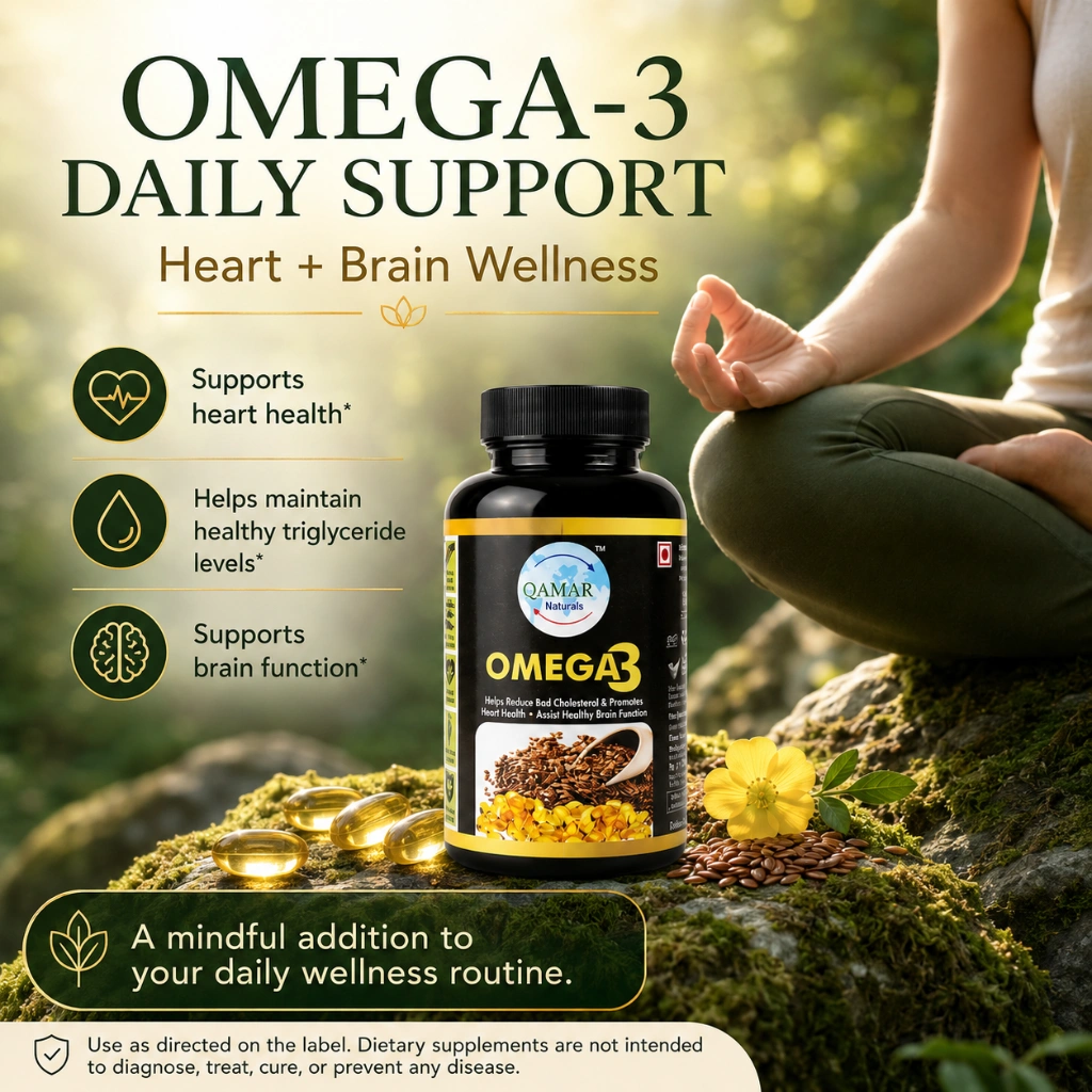 QAMAR Naturals Heart Care Plus Combo with Omega 3 and Vitamin D3 bottles