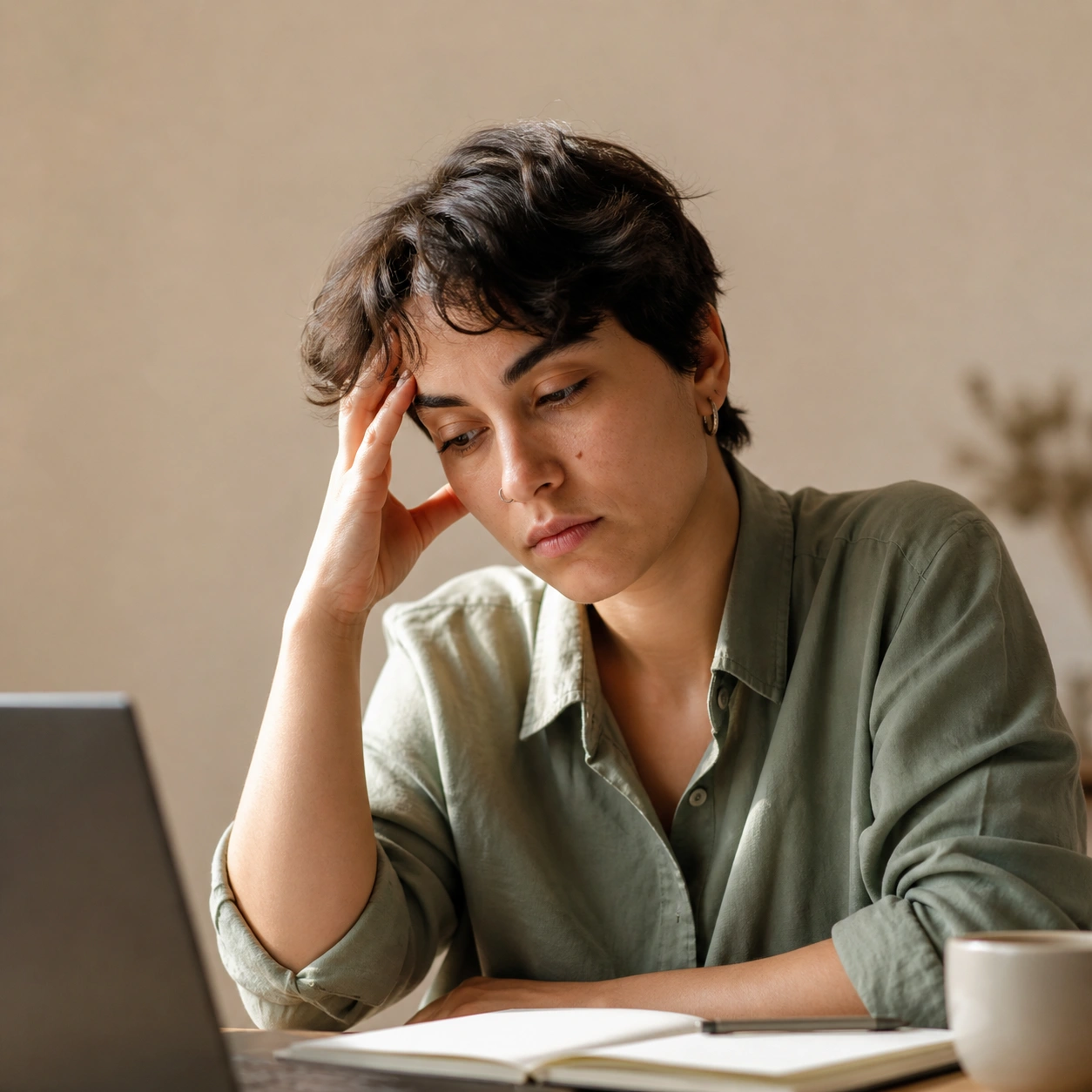 Person feeling low energy and tired in a calm wellness setting
