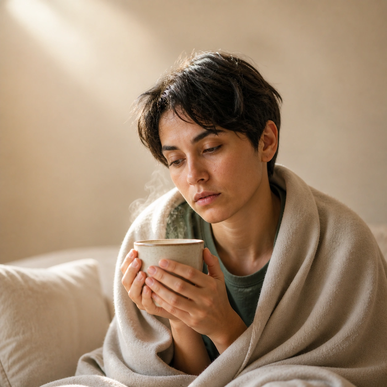 Person holding warm drink for immunity and wellness support