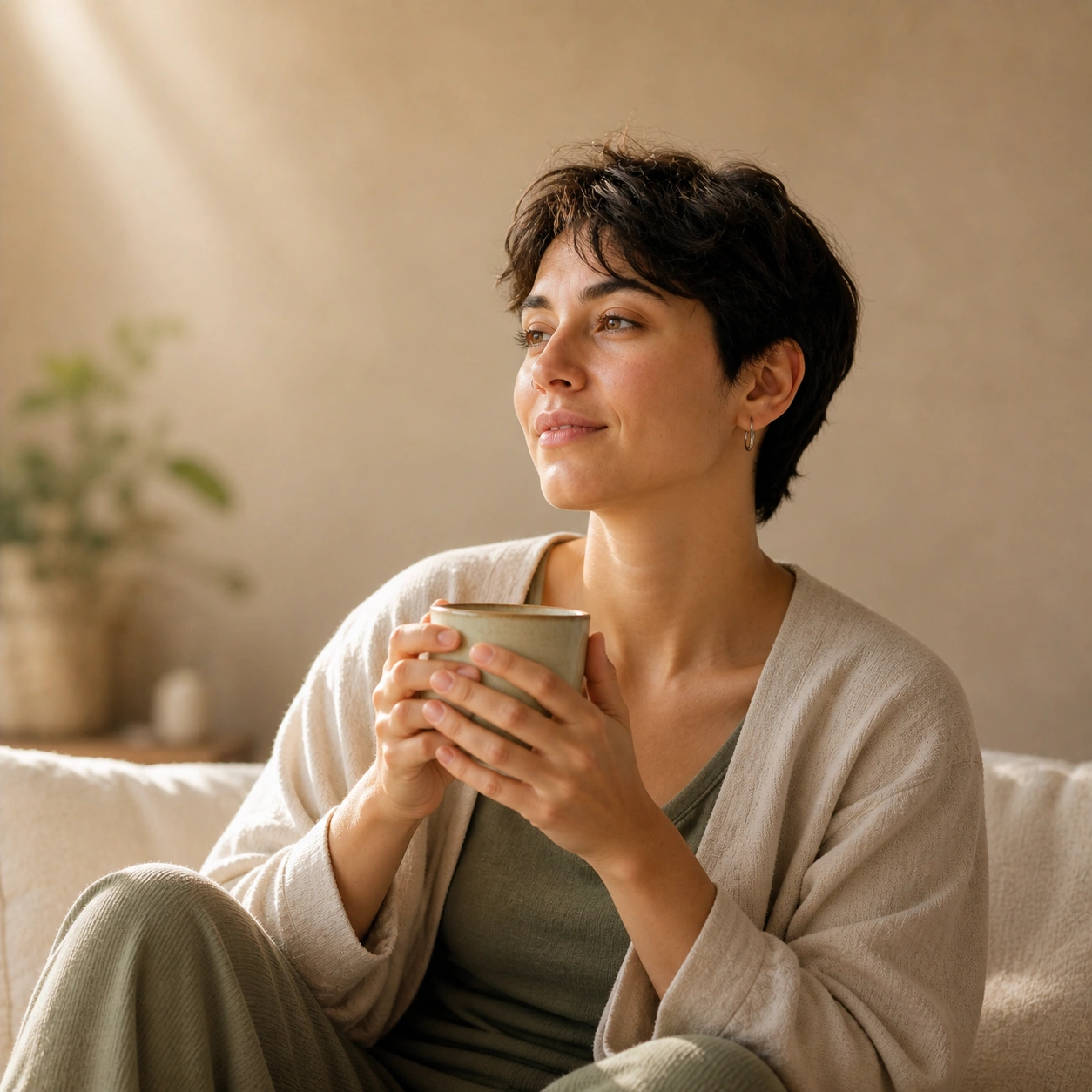 Relaxed person in calm home setting for daily wellness support