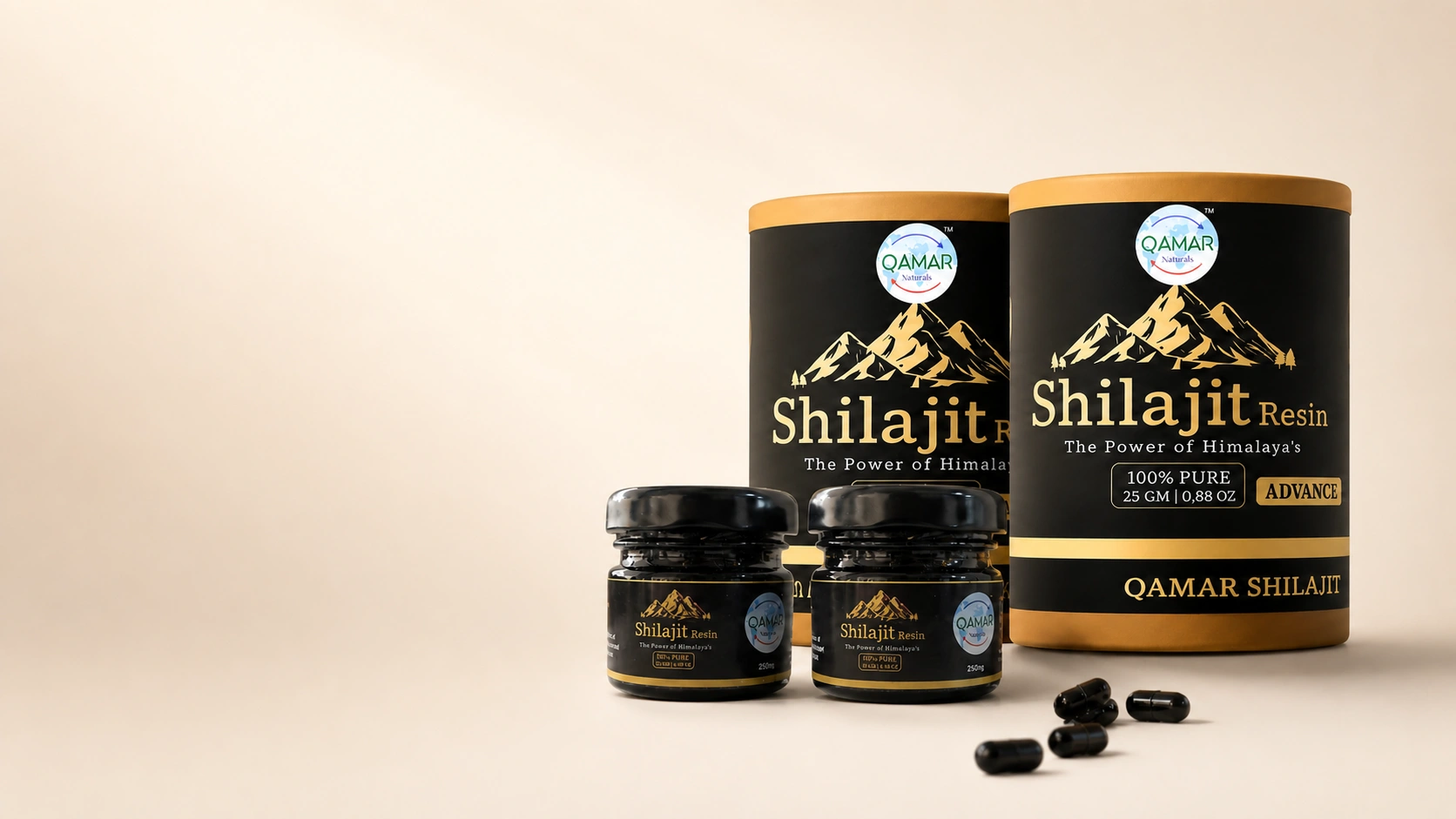 Qamar Naturals Shilajit Resin Family Wellness Pack with two jars and two containers